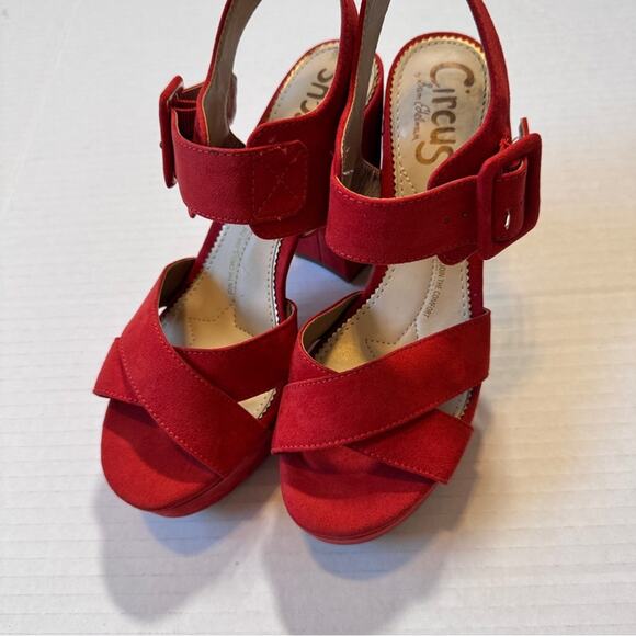 Sam Edelman Circus Red Suede Leather Chunky Platform Sandals Heels Womens 7 - Picture 4 of 10